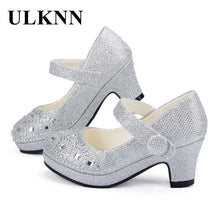Load image into Gallery viewer, ULKNN Children Princess Shoes for Girls Sandals High Heel Glitter Shiny Rhinestone Enfants Fille Female Party Dress Shoes