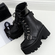 Load image into Gallery viewer, Boussac Lace up Platform Boots Women Black Goth Boots Ankle Boots for Women Buckle Strap High Heel Martin Boots Women SWE0279