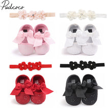 Load image into Gallery viewer, 2019 Brand New Toddler Kids Baby Girls Boys Bowknot Shoes +Headband 2PCS Lace Floral Soft Shoes Spring First Walkers 0-18M