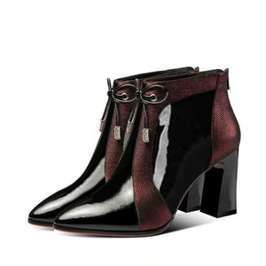 2020 Spring Autumn Patent leather thick High Heels Pointed Toe Faux Leather Zipper Style Sexy Ankle Womens Boots Bota Feminina