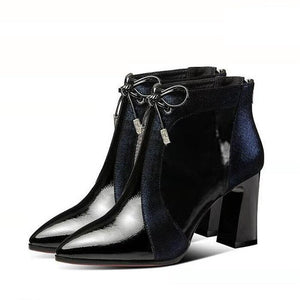 2020 Spring Autumn Patent leather thick High Heels Pointed Toe Faux Leather Zipper Style Sexy Ankle Womens Boots Bota Feminina