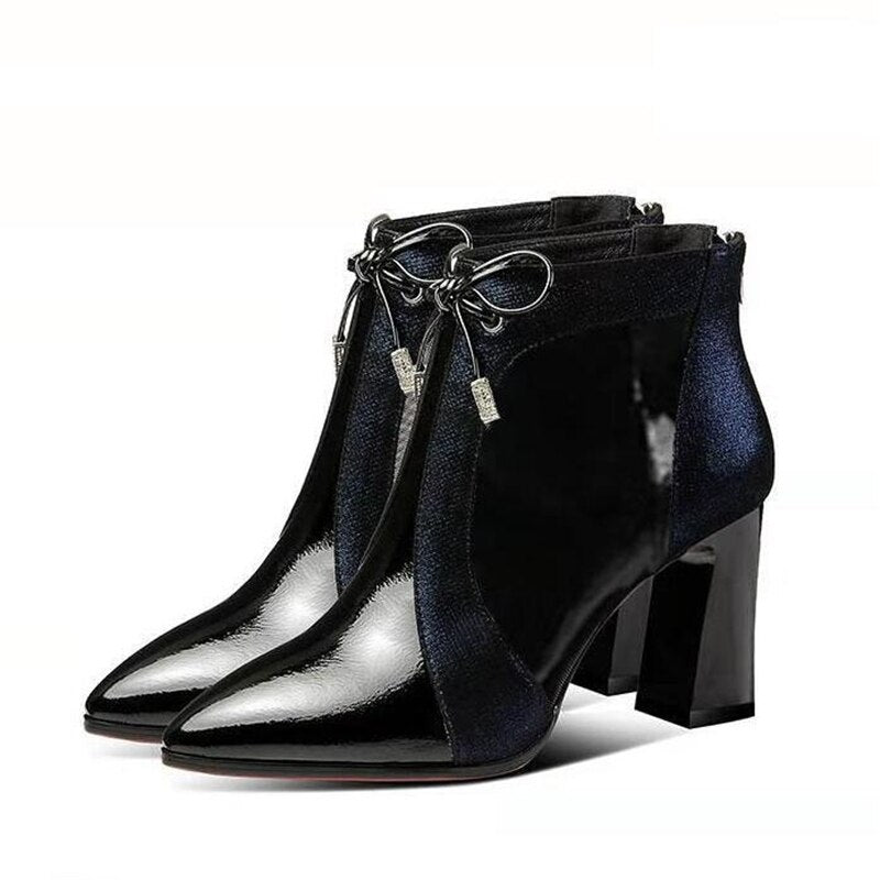 2020 Spring Autumn Patent leather thick High Heels Pointed Toe Faux Leather Zipper Style Sexy Ankle Womens Boots Bota Feminina