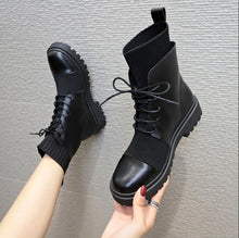 Load image into Gallery viewer, Spring Boots Women Shoes Woman Boots Fashion Flat Round PU Ankle Boots 2019 Spring Elastic Lace Black Boots Comfortable Boots
